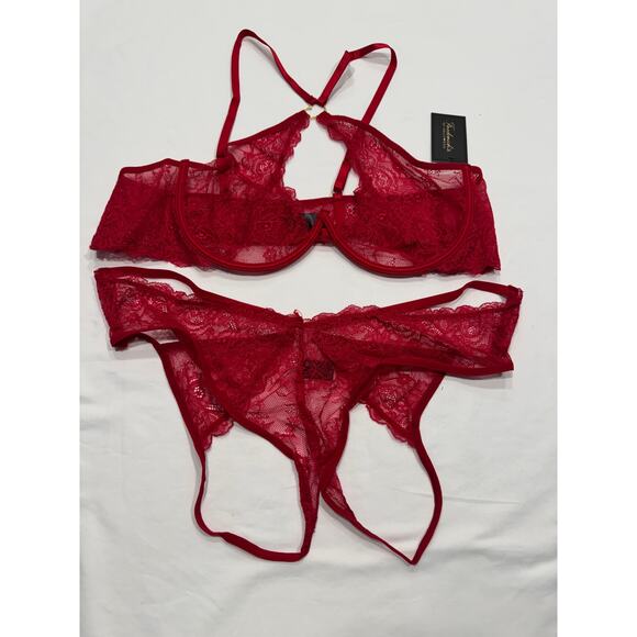 NEW Frederick's of Hollywood Lover Floral Lace Bra Set Size S/M Lipstick Red NWT - Picture 1 of 9